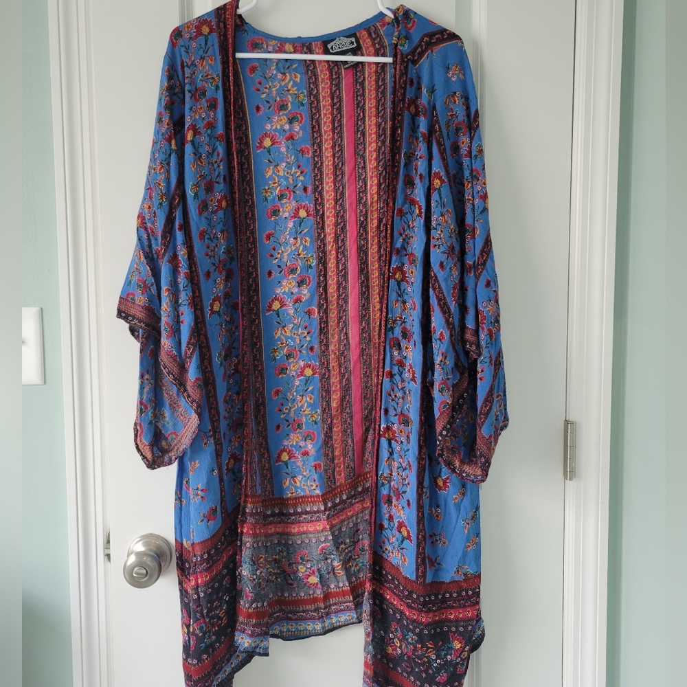 Angie Blue Floral Kimono Cardigan with Pink & Red Accents